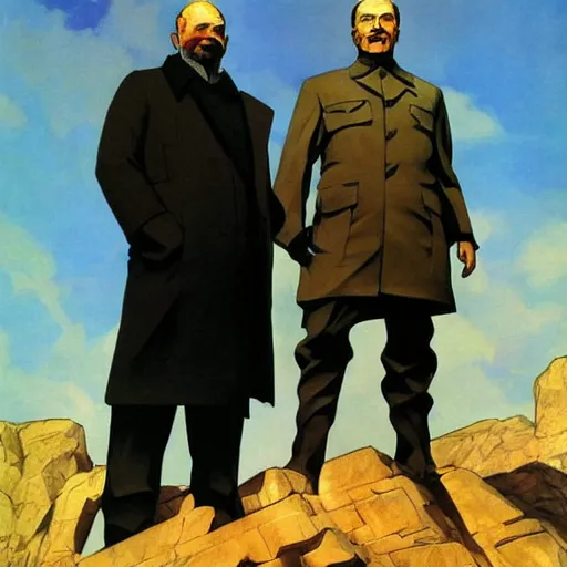 Prompt: lenin and stalin, by shigenori soejima, by frank frazetta, digital painting masterpiece, beautiful brush strokes, advanced lighting technology, symmetry