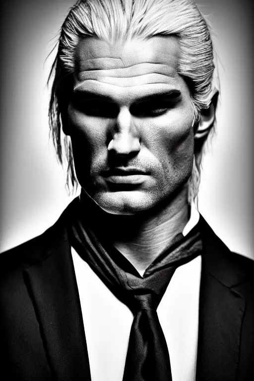 Image similar to portrait of geralt of rivia wearing an elegant tuxedo, 5 5 mm lens, professional photograph, black and white, elegant, serious, stern look