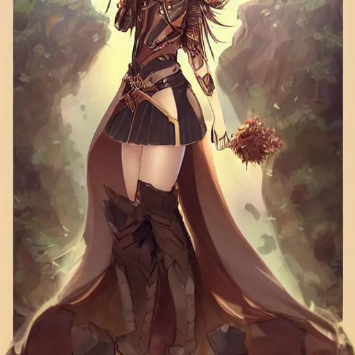 Image similar to “A detailed beautiful anime woman with brown flowing hair, long blue cape, decorative leather armor, surrounded by a catacomb of books, trending on artstation, by rossdraws”