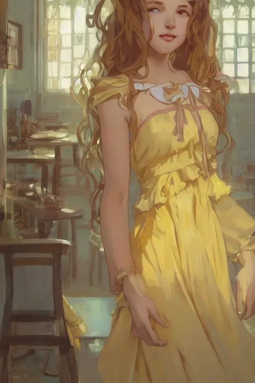 Image similar to A girl in a maid's outfit in a cafe a afternoon, wavy hair yellow theme,S line,45 angel by krenz cushart and mucha and ra-lilium and greg rutkowski