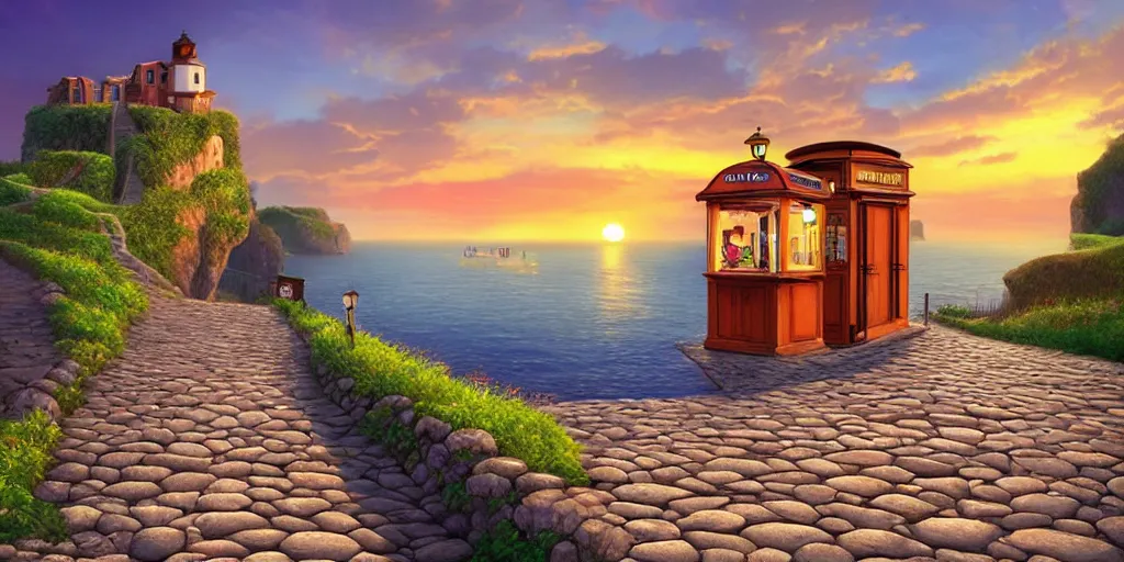 Image similar to epic professional digital art of a lonely cobblestone street with a kiosk on a cliff over the sea at sunset, highly detailed, pixar movie