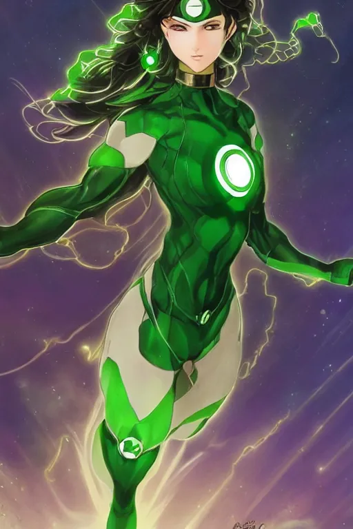 Image similar to anime key visual of a beautiful young female green lantern!! intricate, green and black suit, glowing, powers, dc comics, cinematic, stunning, highly detailed, digital painting, artstation, smooth, hard focus, illustration, art by artgerm and greg rutkowski and alphonse mucha