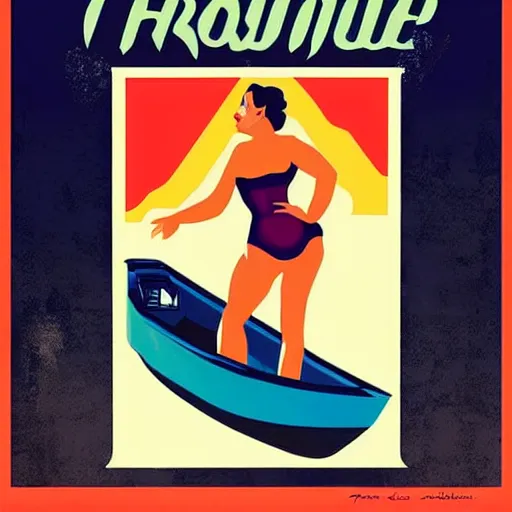 Image similar to retro poster with a painting of a woman in a bathing suit sitting on a boat, an art deco painting by tom whalen, trending on behance, art deco, digital illustration, storybook illustration, art deco, flat shading, vector art, airbrush