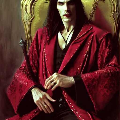 Image similar to perfectly centered portrait of attractive vampire king dracula in a robe sitting on a throne of bones, highly detailed painting by gaston bussiere, craig mullins, j. c. leyendecker, 8 k