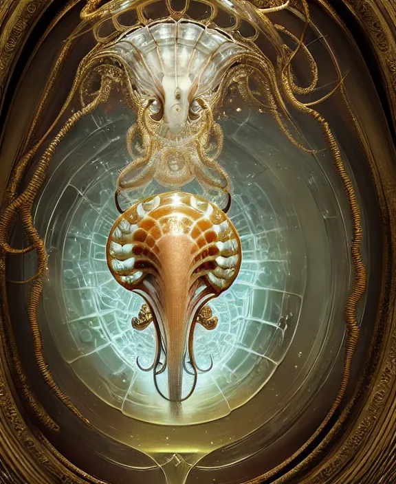 Image similar to intricate ornate opulent transparent clear see - through portrait of a terrifying beautiful alien nautilus, mottled coloring, adorable, childlike, pastoral environment, ultra realistic, concept art, art nouveau, photorealistic, octane render, 8 k, unreal engine. art by christopher marley and artgerm and greg rutkowski and alphonse mucha