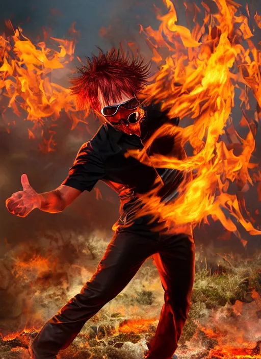 Image similar to photorealistic young man with red spiked long hair, using an orange lens googles. Wearing white shirt, a black waistcoat, brown pants and black boots. He is throwing a wild fire blast from his hands, with a vicious smile in face. He is in a scorched land with a blue sky. dynamic lightning.