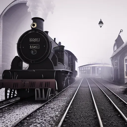 Image similar to a black steam locomotive pulling a train into a Victorian era crowded train station, slight fog, highly detailed, octane render, unreal engine 5