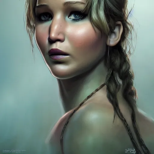 Image similar to a portrait of jennifer lawrence as a troll, ugly, in a dark forest, extremely detailed digital art, trending on artstation hyper realistic matte painting, by artgerm