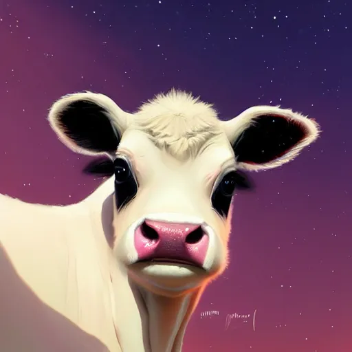 Image similar to very cute baby cow thinks about the cosmic multiverse, close up, anatomically correct, high detailed face, by ilya kuvshinov, greg rutkowski and makoto shinkai, trending on artstation