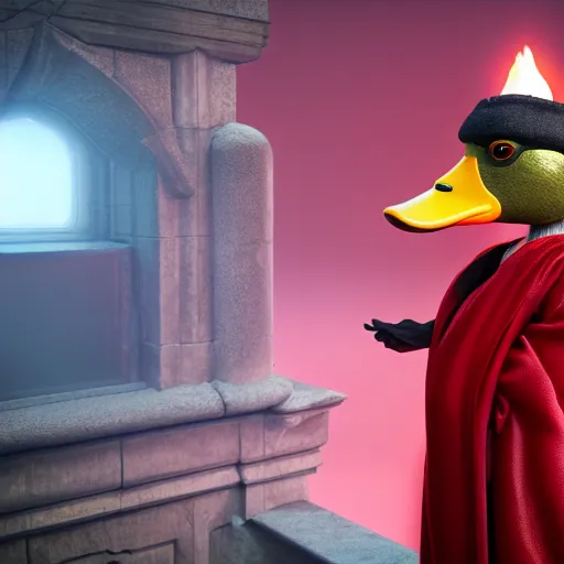 Image similar to portrait of cute mallard duck, wearing cultist red robe, inside a castle, black feathers, glowing arcane eyes, cgi, ultra detailed 3 d render, digital art, 8 k, octane render, unreal engine 5, trending on art station