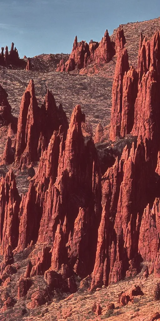 Image similar to an atmospheric film still by Ridley Scott with a huge towering dark gothic cathedral carved out of rock at the top of a red rock canyon