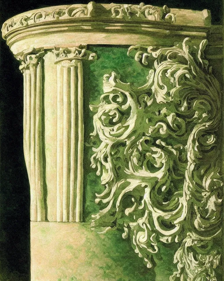 Prompt: achingly beautiful painting of intricate ancient roman corinthian capital on jade background by rene magritte, monet, and turner. giovanni battista piranesi.