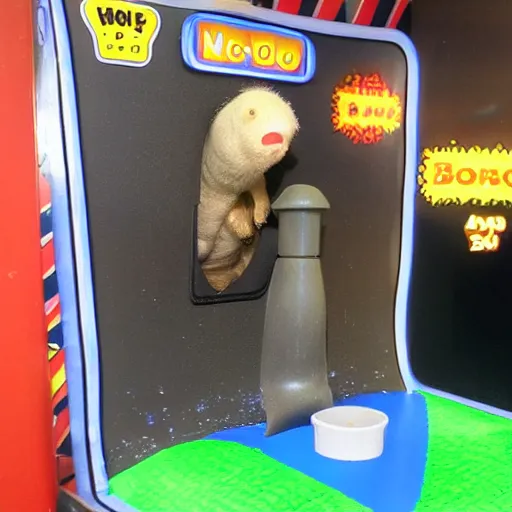 Prompt: an arcade whack a mole game with moles that look like boris johnson,