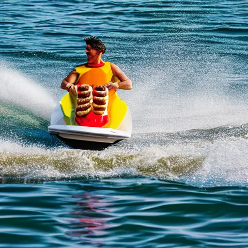 Prompt: hotdog man riding a jetski with Costco background, long lens photography