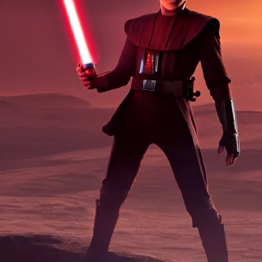 Image similar to tom holland plays anakin skywalker in the live action remake of star wars revenge of the sith, 3 5 mm photography, highly detailed, cinematic lighting, standing pose, holding a lightsaber, tatooine in the background, 4 k