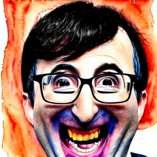 Prompt: John Oliver, manically laughing, insanity in his eyes, watercolor, hyper detailed, hyper realistic, by Leonardo Da Vinvi, portrait, cloese-up.