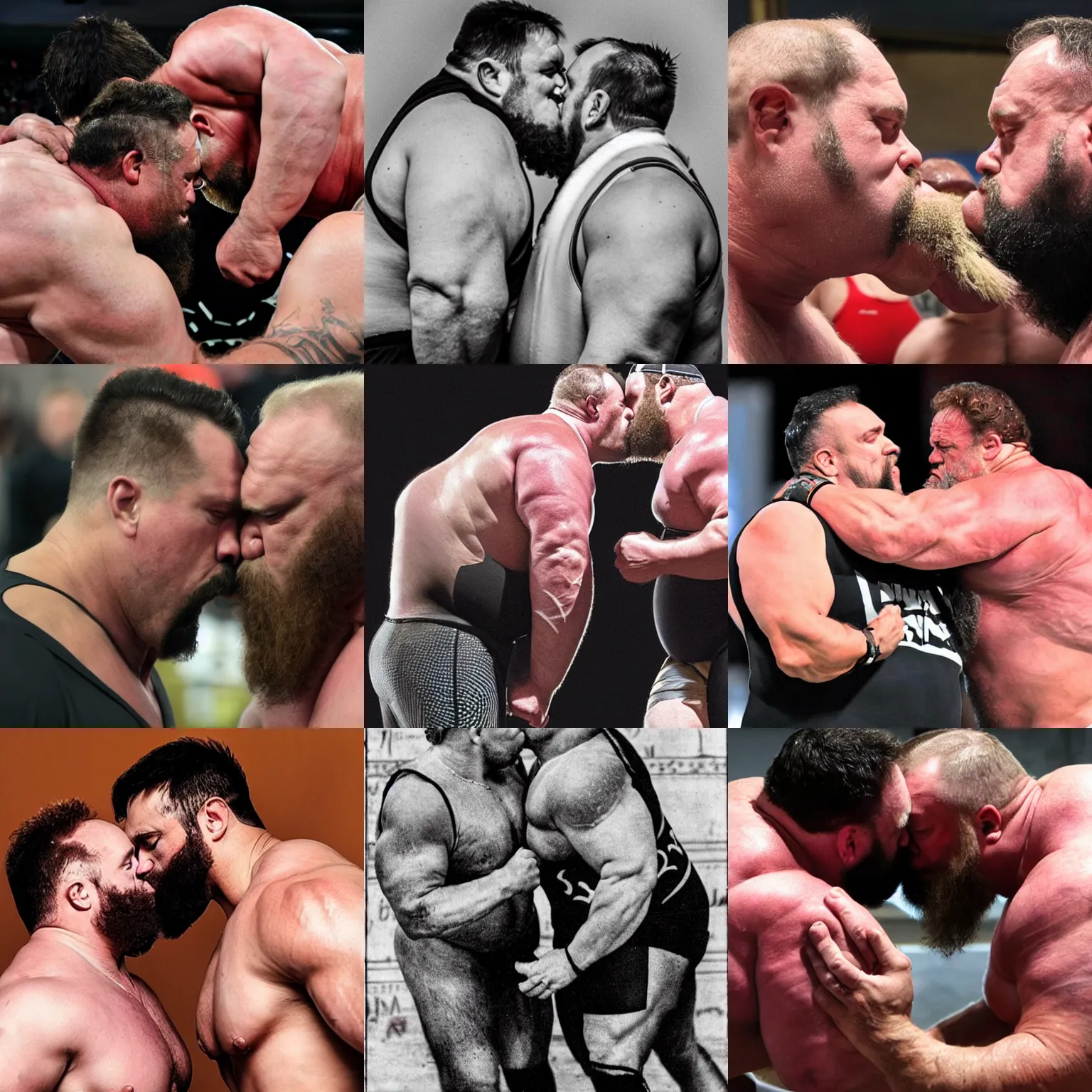 Prompt: beastly strongmen kissing each other ravenously