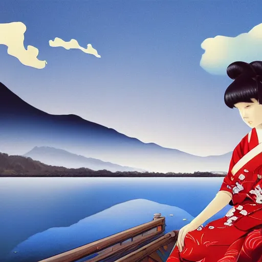 Prompt: art by katsuhiro otomo, artwork by artgerm, japanese landscape, pixar geisha, 3 d render, portrait, kimono, water, reflection, clouds, nature, snowy peak, lake kawaguchi, sunset, white blossoms, 4 k, fantasy art, amazing awesome and epic, ultrafine detail, ultra hd wallpaper