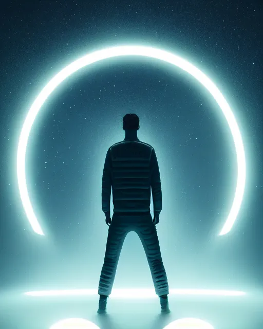 Image similar to a person standing in front of a glowy open door that's on a barren moon, poster art by mike winkelmann, trending on cg society, space art, sci - fi, ue 5, futuristic, volumetric lighting, light casting onto the ground, neat composition and camera angle