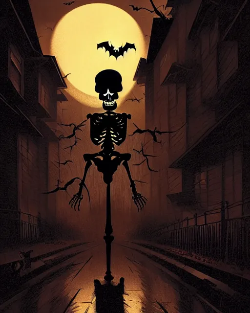 Prompt: creepy evil skeleton, halloween night, horror wallpaper aesthetic, cinematic, dramatic, super detailed and intricate, by koson ohara, by darwyn cooke, by greg rutkowski, by satoshi kon