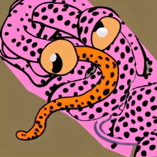 Prompt: cartoon still of a pink polka dotted snake with an orange ponytail