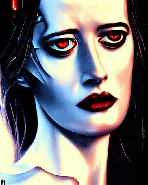 Image similar to eva green, robot, character portrait, portrait, close up, concept art, intricate details, highly detailed, sci - fi poster, cyberpunk