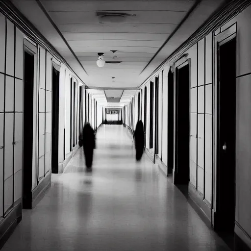 Image similar to I see shadows in the halls, dark ambiance, film grain, horror elements.