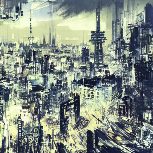 Prompt: concept art of tokyo city taken from drone by yoji shinkawa and ashley wood and j. m. w. turner, speed painting, photo bash, cinematic angle, super detailing