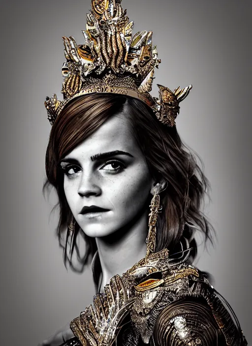 Image similar to expressive full body photo of a emma watson, ornate headpiece made from knives, ornaments, glamour shot, by karol bak, by stefan gesell, photorealistic, canon r 3, fashion photography, hyper maximalist, elegant, ornate, luxury, elite, environmental portrait, symmetrical features, octane render, unreal engine, solid dark grey background, dramatic lights