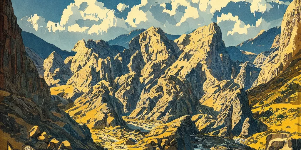 Image similar to beautiful!!!!!!!!!!!! idyllic poster illustration for a craggy ice snow valley canyon national park by ludwig hohlwein, ludwig hohlwein!!!!!!!!!!