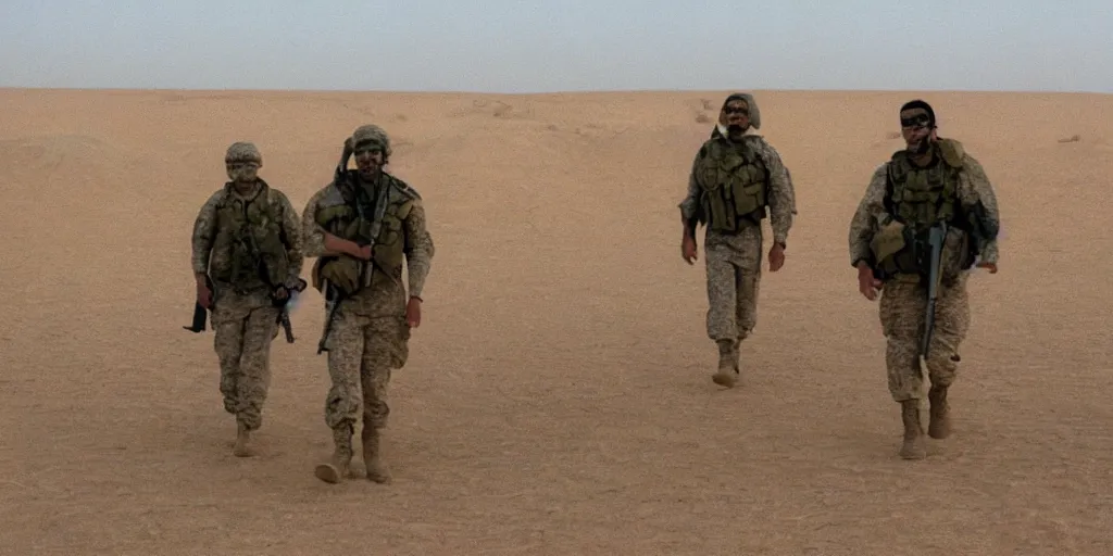 Image similar to an anamorphic rooster walking the sands of iraq with his platoon. cinematic photograph. 35mm.
