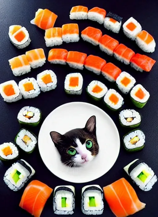 Image similar to clear photorealistic picture of adorable cats made out of sushi