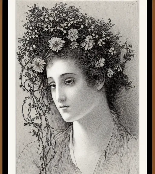 Prompt: black and white, portrait of a woman eyes in flowers, Gustave Dore lithography