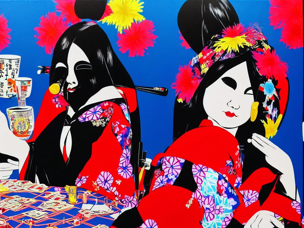 Prompt: hyperrealism composition of the detailed woman in a japanese kimono sitting at a poker table with darth vader, fireworks, waves in the ocean with mountains in the background, pop - art style, jacky tsai style, andy warhol style, acrylic on canvas