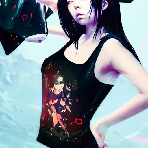 Image similar to a beautiful young korean kpop star billie eilish lucy liu alluring instagram model in elaborate latex tank top, jrpg tank top made from latex demon faces, by guweiz and wlop and ilya kuvshinov and artgerm and, aesthetic, gorgeous, stunning, alluring, attractive, artstation, deviantart, pinterest, digital art