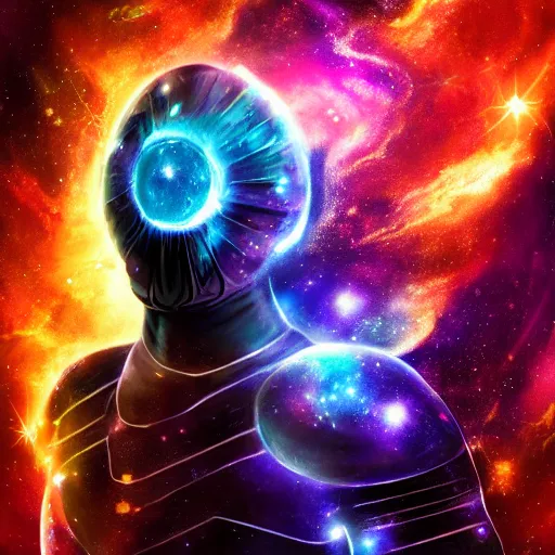 Image similar to photorealistic fantasy cosmic concept art of a cosmic nebula God in dark matter armor hovering in a unknown galaxy, fully body portrait, cinematic, dynamic lighting, ultra detailed, creative, trending on art station