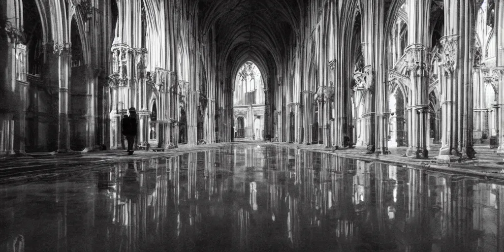 Prompt: The ghost world is cold and empty, no change, echoes in the world of life, full of memories, shadowy images and reflections of the real, unfinished, incomplete, a vast and echoing cathedral, unnaturally great, quiet, and cold, the living huddle together and move swiftly through its halls