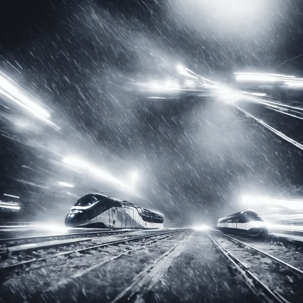 Image similar to closeup wide angle view of powerful futuristic streamline train speeding very fast. romanticism. extreme speed with headlight beam shining brightly into the fog and rain. dramatic lighting. motion streaks.. vanishing point. photorealistic.