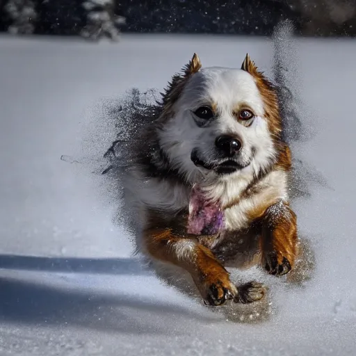 Prompt: Photorealistic photograph of a dog running through the snow, photorealism, photorealistic, realism, real, highly detailed, ultra detailed, detailed, shutter speed 1/1000, 200mm Focal Length, Canon EOS R7