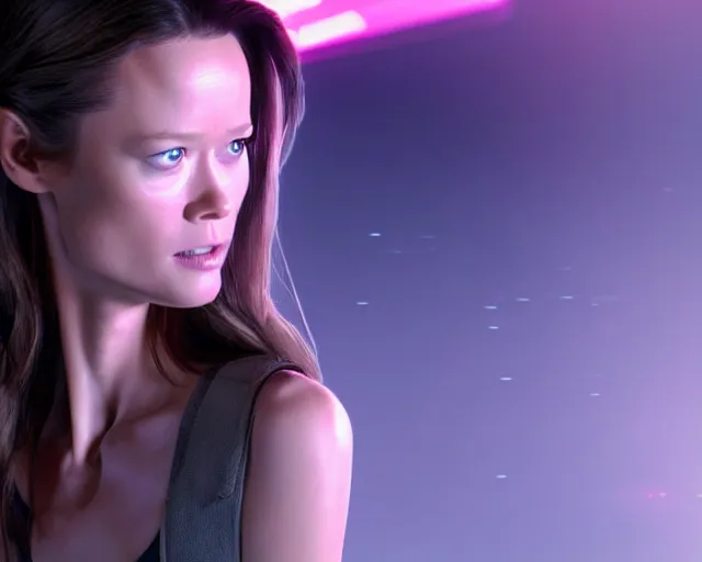 Image similar to summer glau as synthwave terminator, hyperrealism, action movie still, 4k, cdx