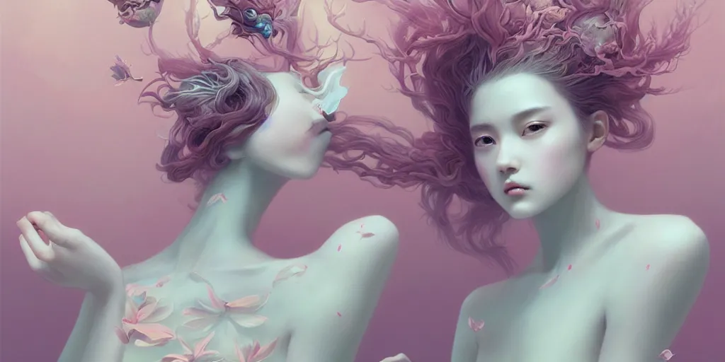 Image similar to breathtaking delicate detailed concept art painting creature, by hsiao - ron cheng, bizarre compositions, exquisite detail, pastel colors, ornate background, 8 k