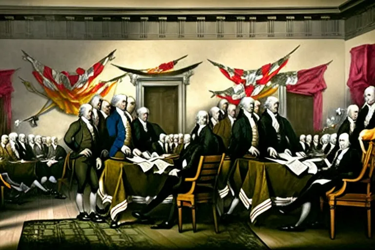 Image similar to john trumbull's famous painting of vampires at the signing of the declaration of independence. the vampires are taller and wear black capes and no wigs. on the wall there is a flag from transylvania