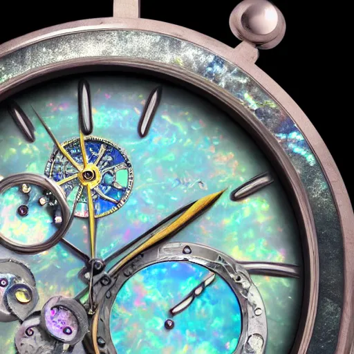 Image similar to detailed illustration of celestial watch from the far future with infinite dials, mother of pearl opal, year 2 5 0 0, style of norman rockwell