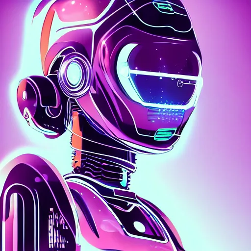 Image similar to a robot lady, clear vector, vectorial curves, sci-fi, close-up, cybernetic implant, neon, cyberpunk, center frame portrait, 2D, matte-painting