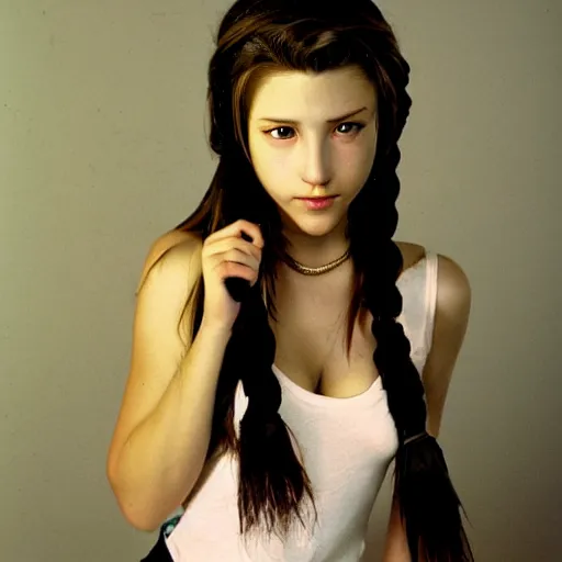 Prompt: realistic aerith from final fantasy 7, photographed by Terry Richardson