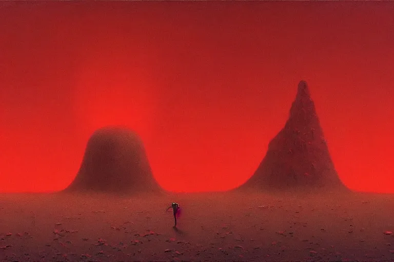 Image similar to only with red, red god of death eat apple, a futuristic city on mars in the background, red worms on the floor, in the style of beksinski, part by hopper, part by rodcenko, part by hofbauer, intricate composition, red by caravaggio, insanely quality, highly detailed, masterpiece, red light, artstation, 8 k