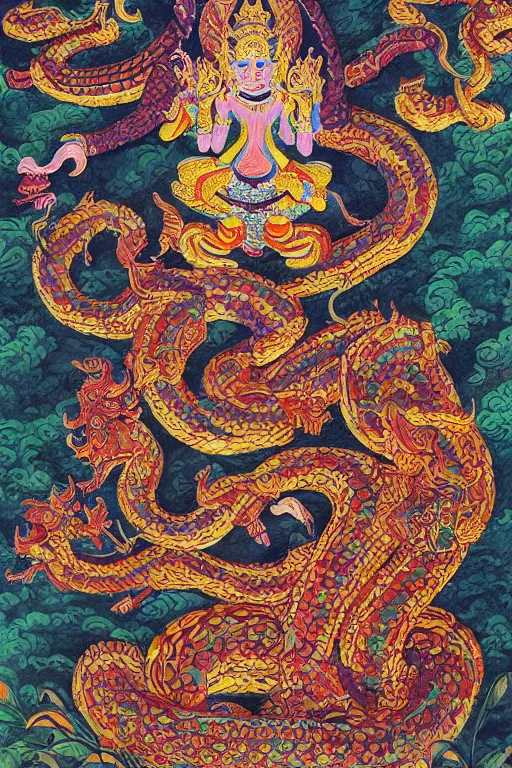 Image similar to naga art, mythical serpent southeast asian legends, thai traditional painting, royal thai art, guardian at the temple, garuda eagle, thai folklore, buddhist painting, thai dragon paintings by Chalermchai Kositpipat, Kittichai Rueangchaichan