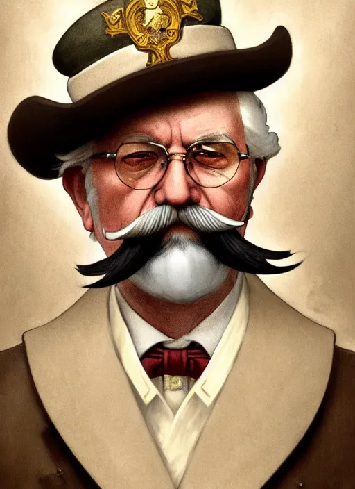 Image similar to close up portrait of colonel sanders, decorated civil war veteran, long handlebar mustache, union uniform by artgerm, cushart krenz, greg rutkowski, mucha. art nouveau. gloomhaven, military symbolism, pale colors, sharp edges. ultra clear detailed. 8 k. elegant, intricate, octane render