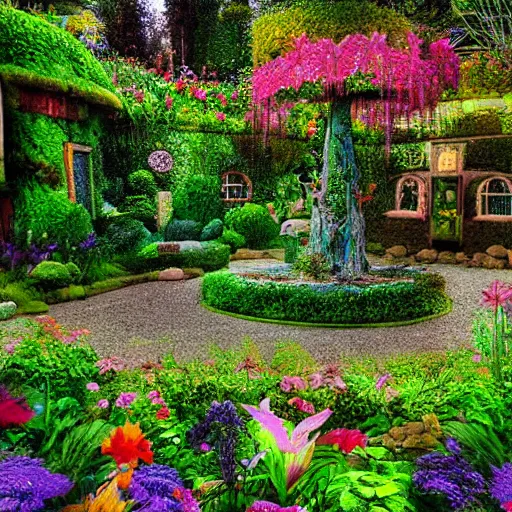 Prompt: a fairytale garden by pablo amaringo