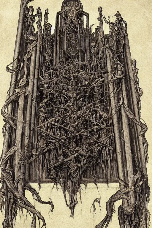 Image similar to occult diagram of a twisted evil pipe organ in the style of wayne barlowe, gustav moreau, goward, Gaston Bussiere and roberto ferri, santiago caruso, ((jose gabriel alegria sabogal)), composition by austin osman spare!